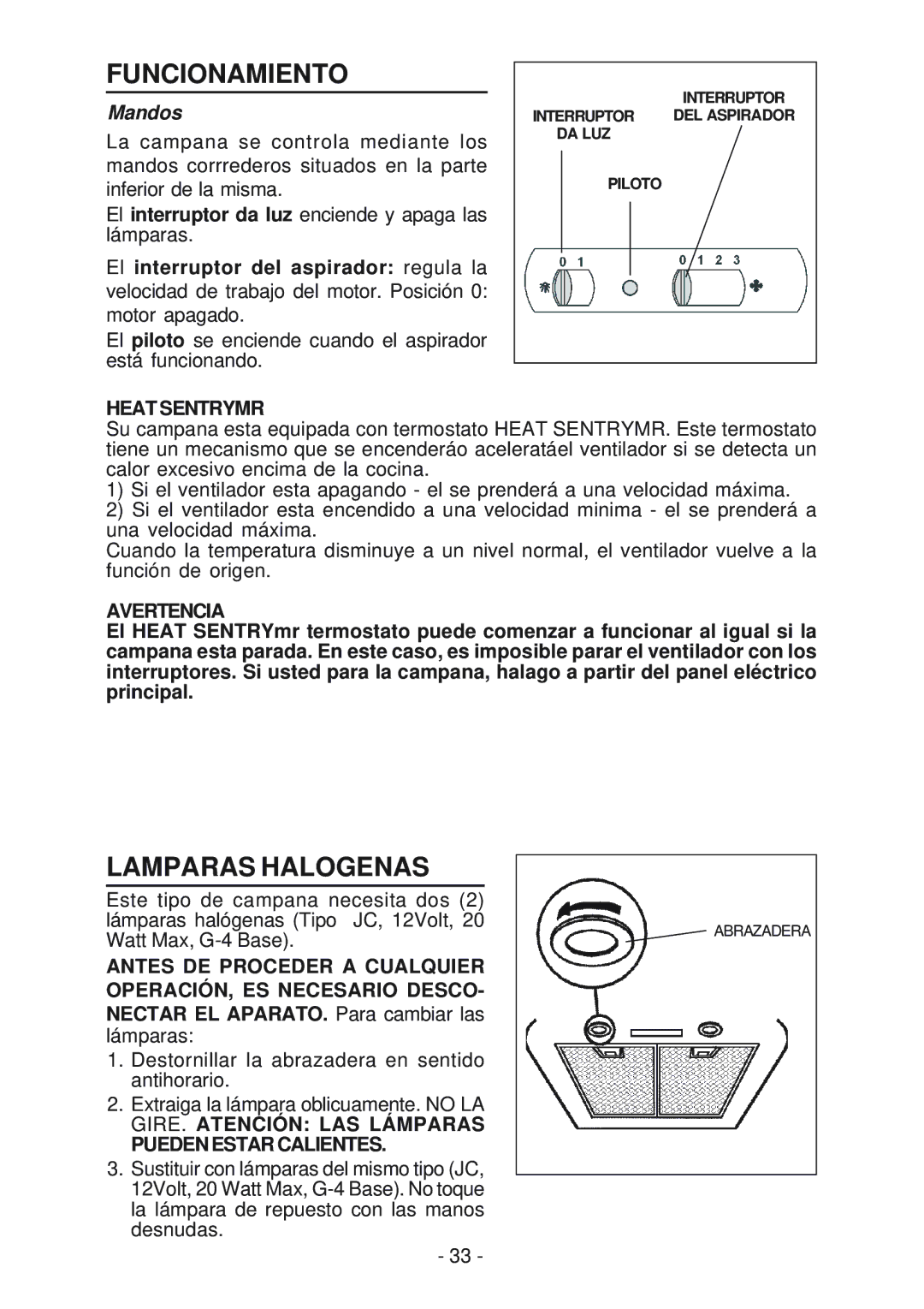 NuTone NP52000, NP51000 manual Funcionamiento, Lamparas Halogenas, Mandos 