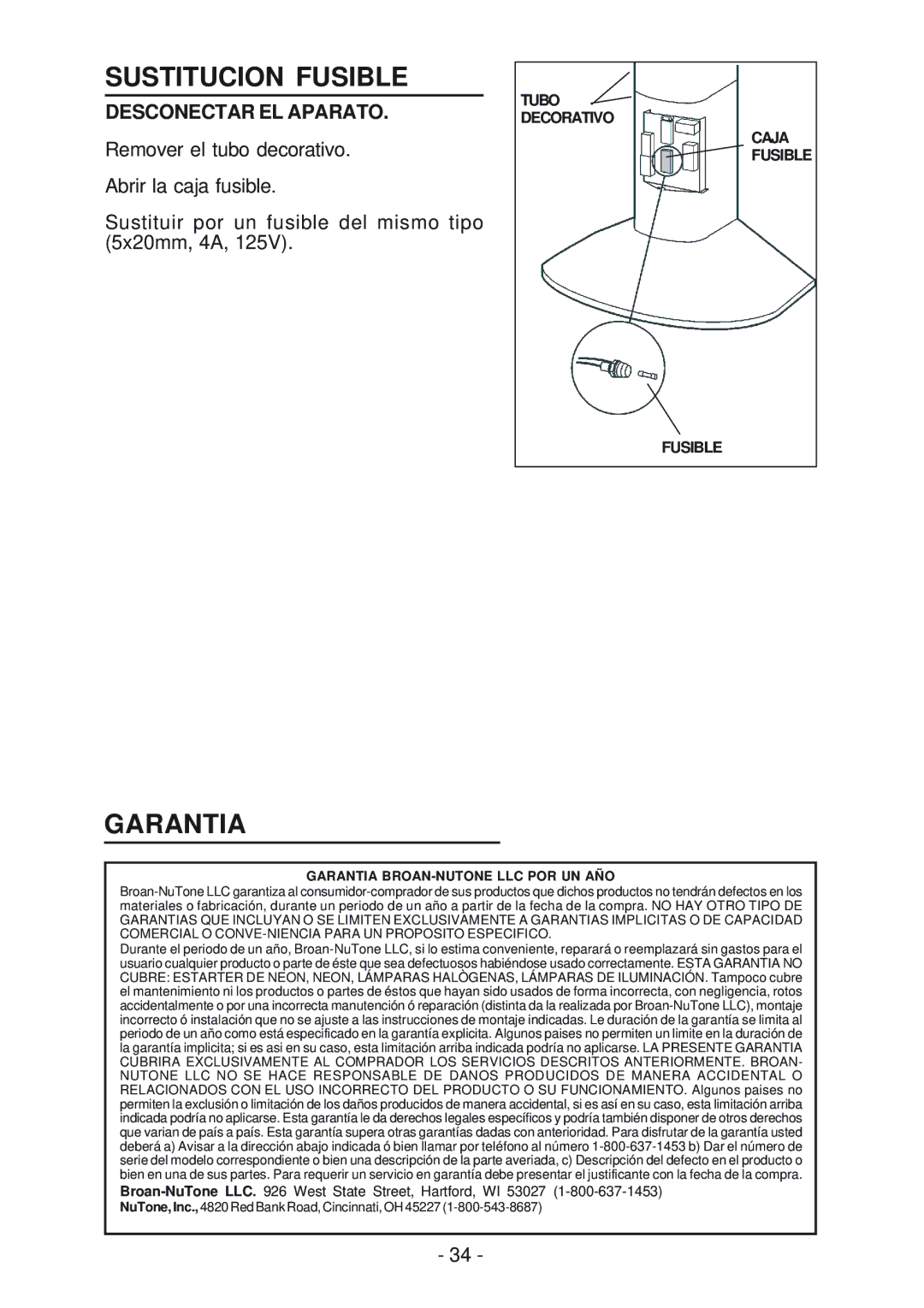 NuTone NP51000, NP52000 manual Sustitucion Fusible, Garantia, Desconectar EL Aparato 