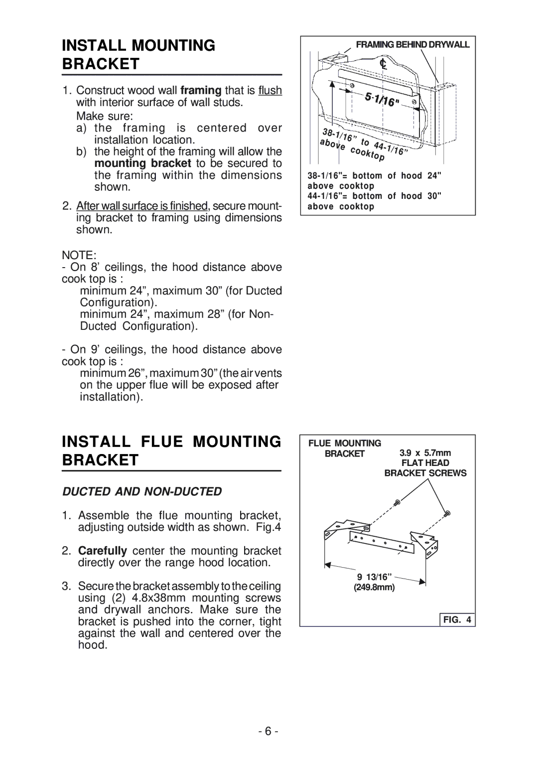 NuTone NP51000, NP52000 manual Install Mounting Bracket, Install Flue Mounting Bracket, Ducted and NON-DUCTED 