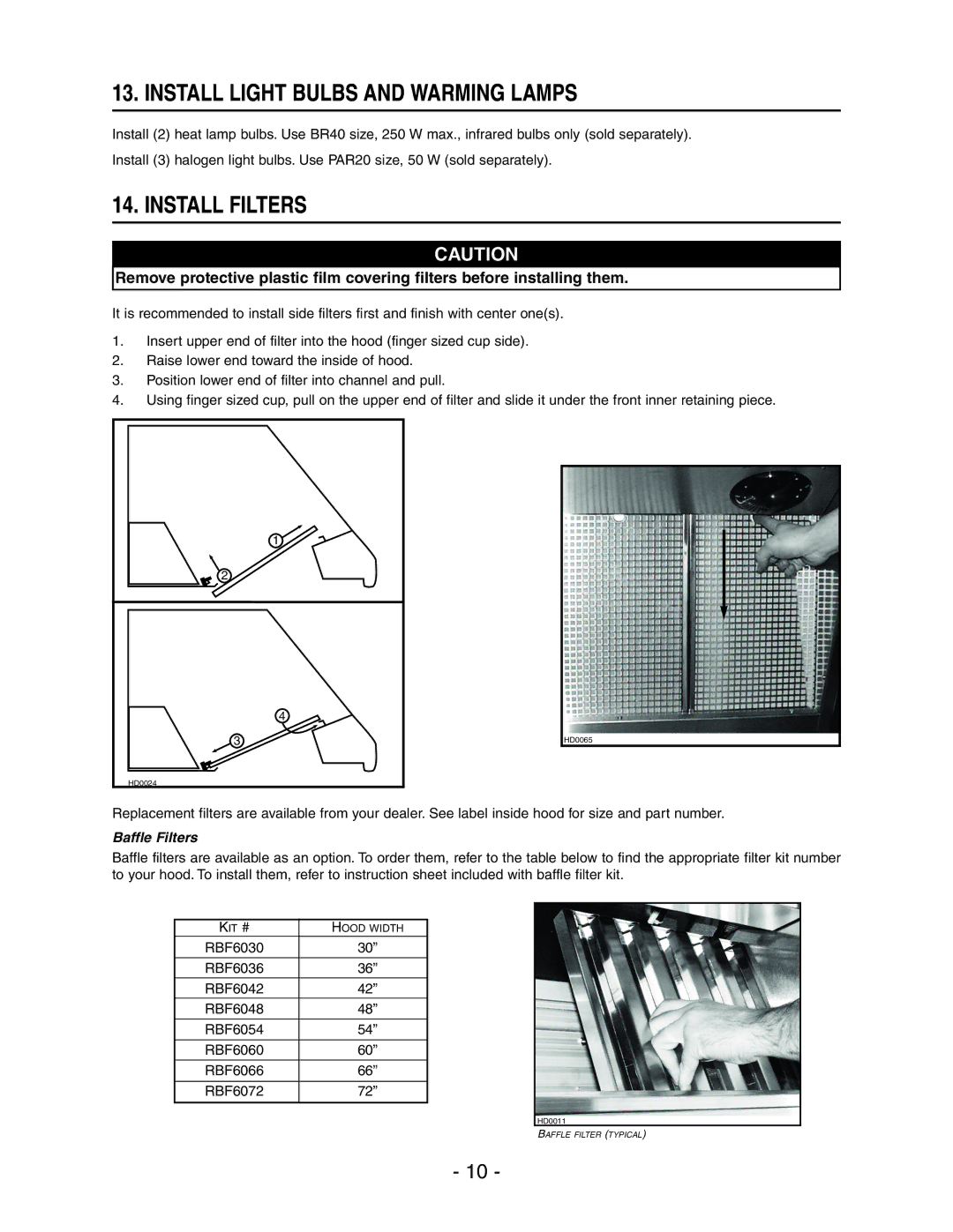 NuTone NP60000 installation instructions Install Light Bulbs and Warming Lamps, Install Filters, Baffle Filters 