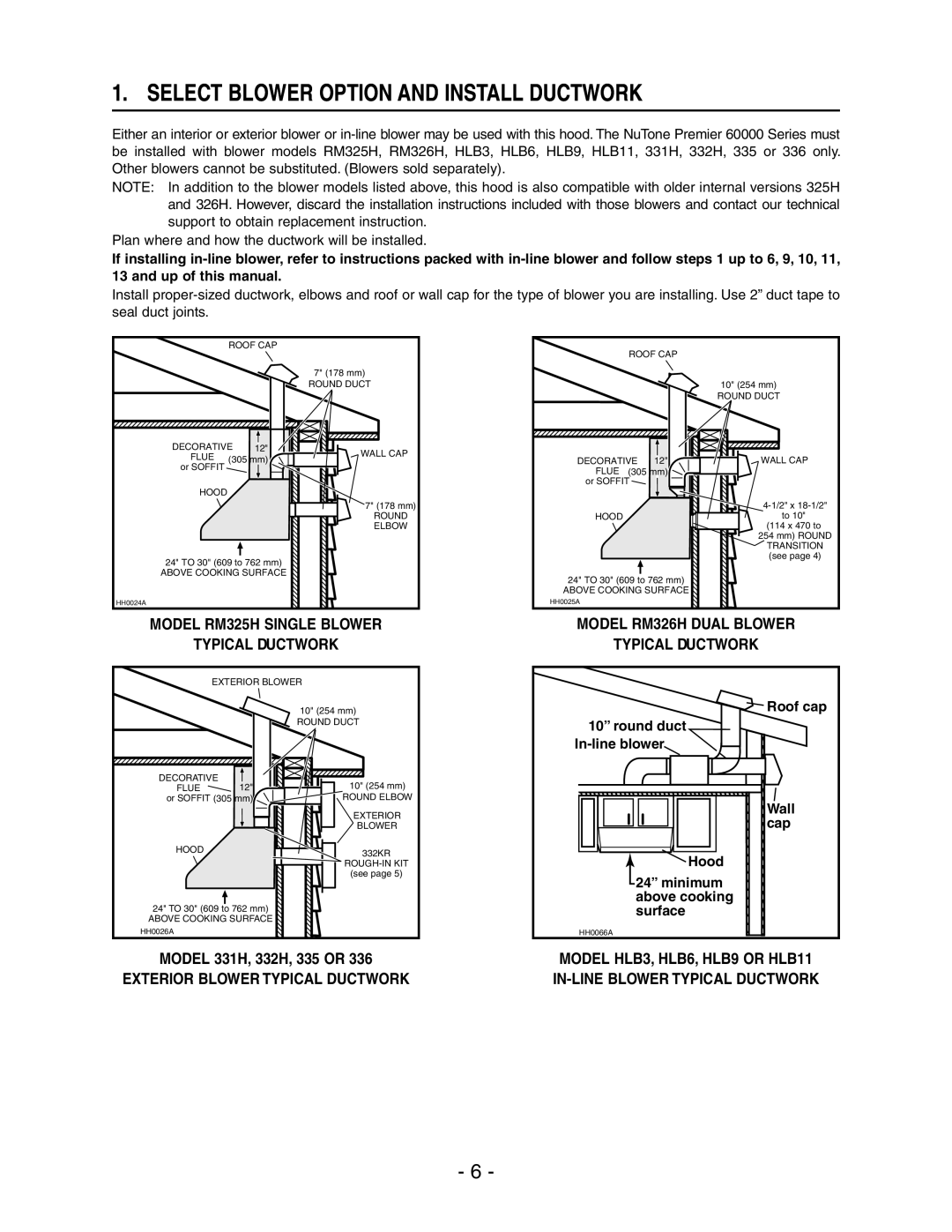 NuTone NP60000 Select Blower Option and Install Ductwork, Model RM325H Single Blower Typical Ductwork 