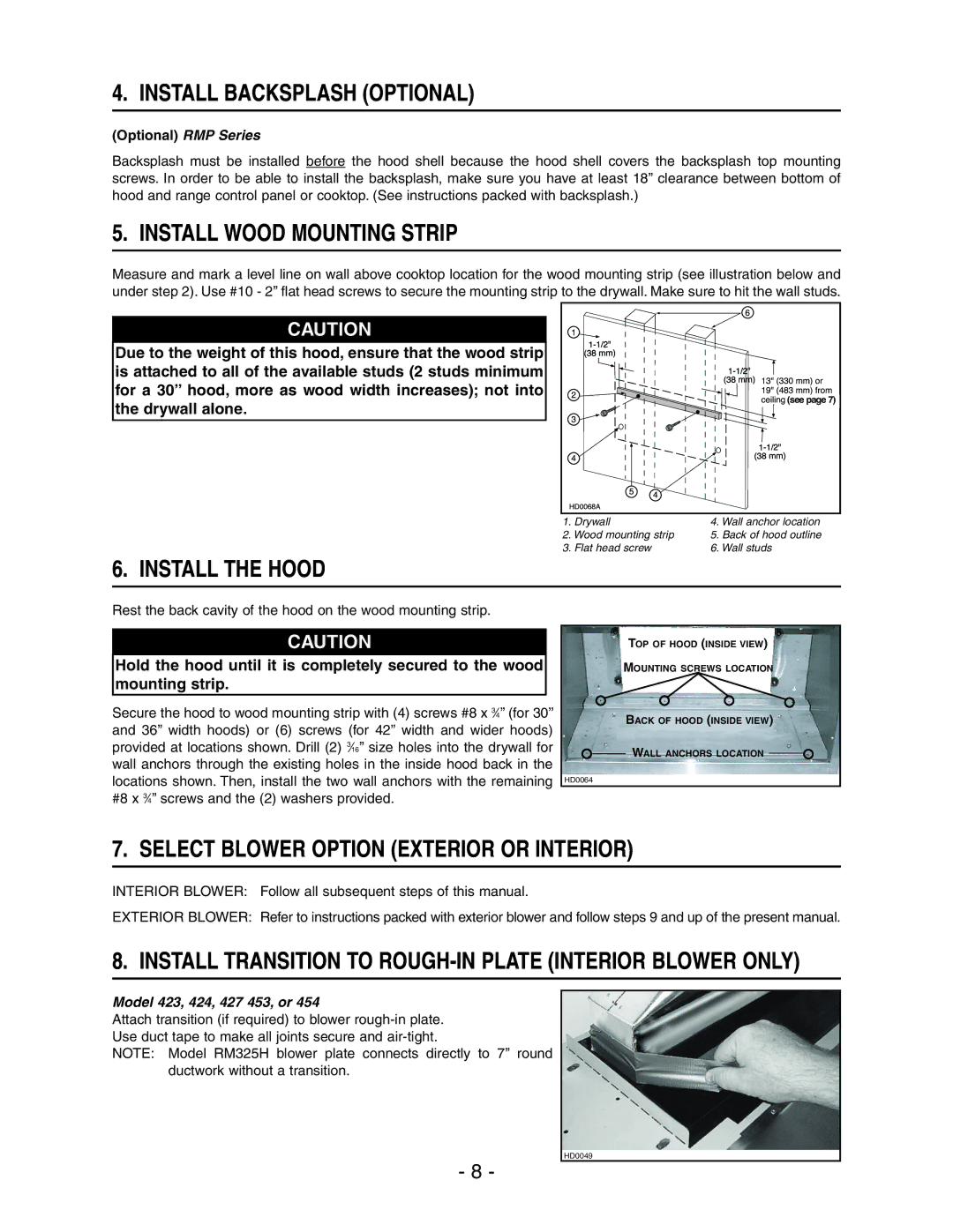 NuTone NP60000 installation instructions Install Backsplash Optional, Install Wood Mounting Strip, Install the Hood 