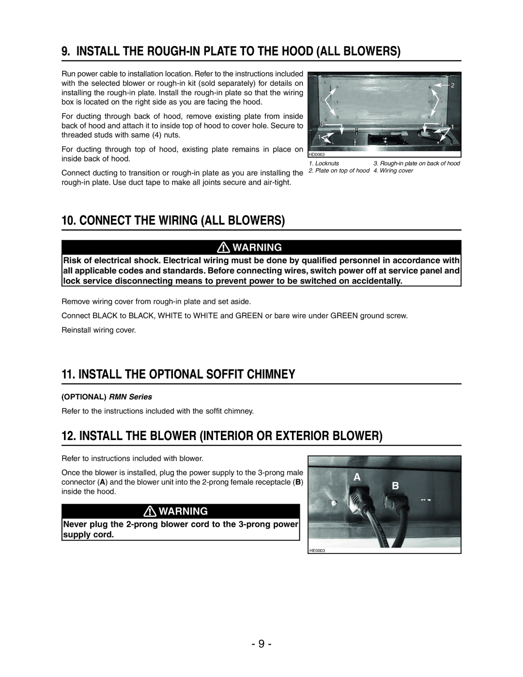 NuTone NP60000 installation instructions Install the ROUGH-IN Plate to the Hood ALL Blowers, Connect the Wiring ALL Blowers 