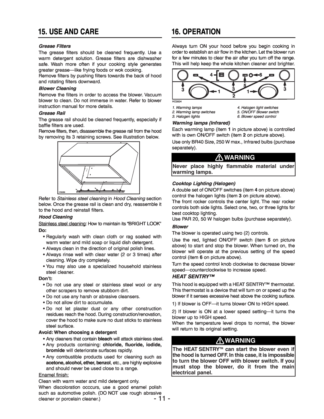 NuTone NP60000 installation instructions Use And Care, Operation, Heat Sentry 