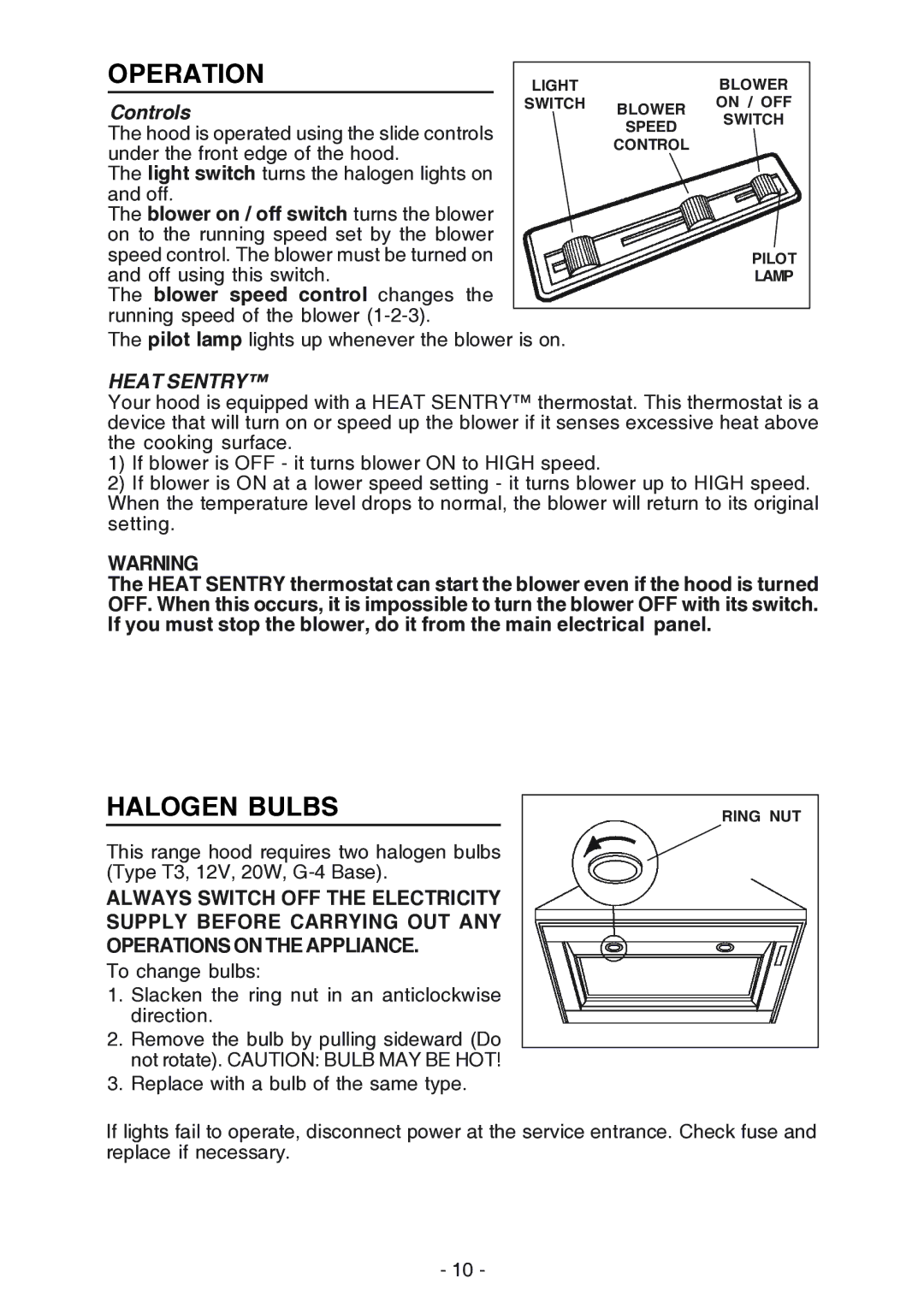 NuTone NP61000 manual Operation, Halogen Bulbs, Controls 