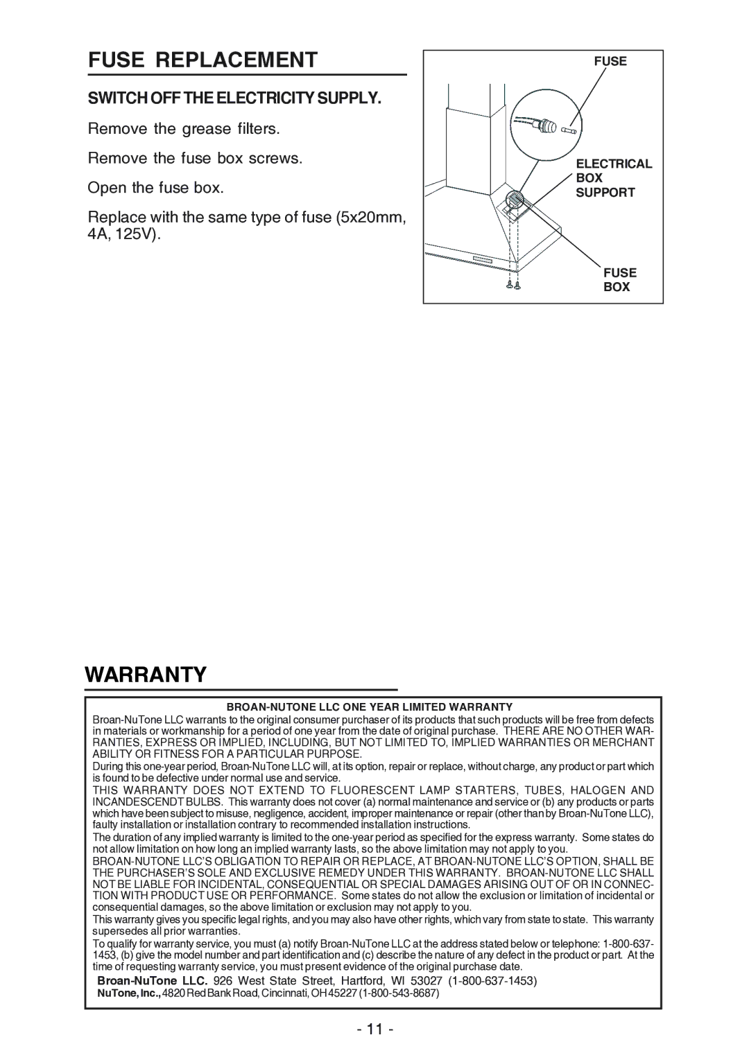 NuTone NP61000 manual Fuse Replacement, Warranty, Switch OFF the Electricity Supply 