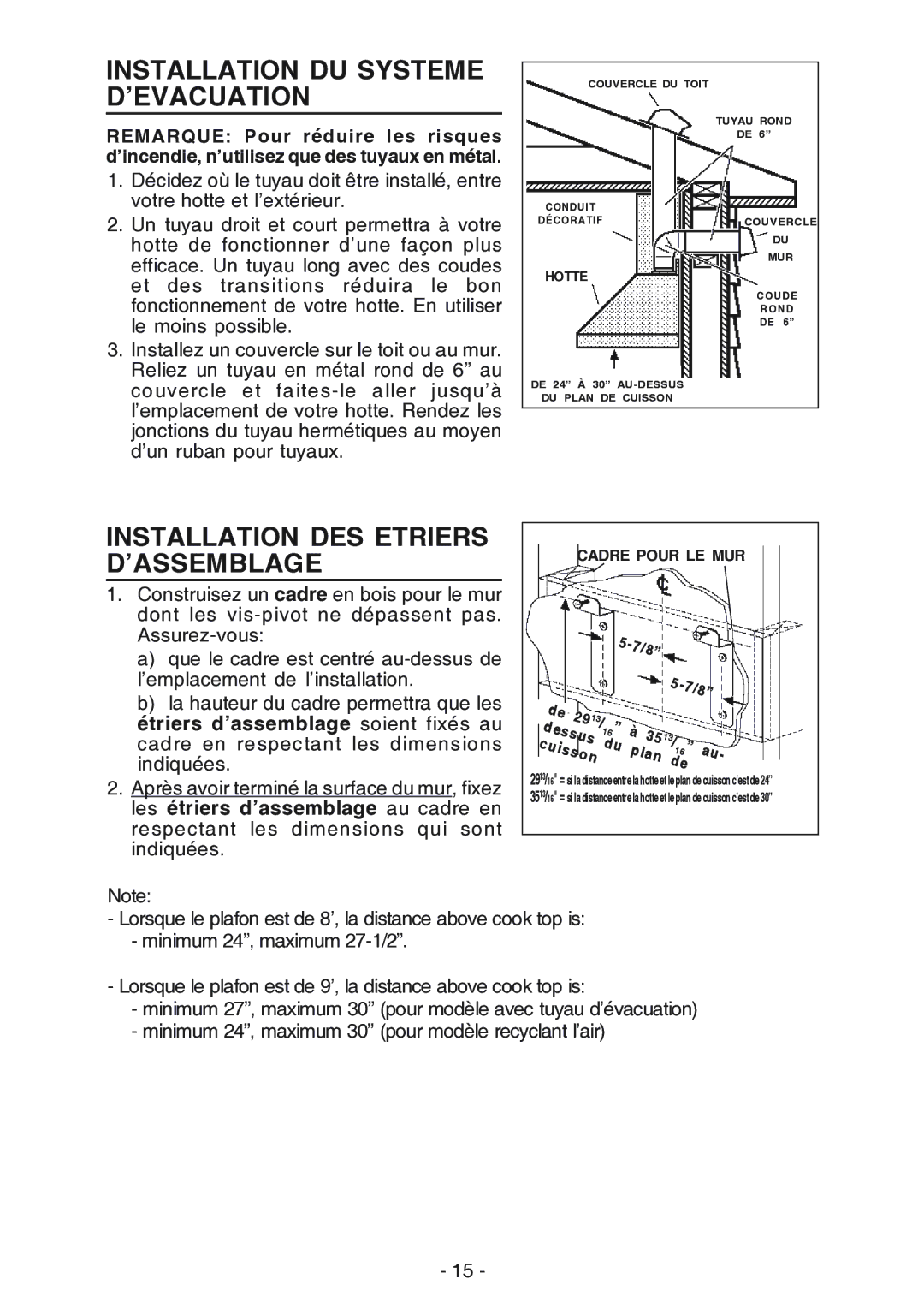 NuTone NP61000 manual Installation DU Systeme D’EVACUATION, Installation DES Etriers D’ASSEMBLAGE 