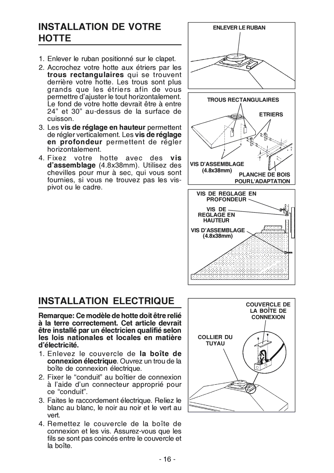 NuTone NP61000 manual Installation DE Votre Hotte, Installation Electrique 