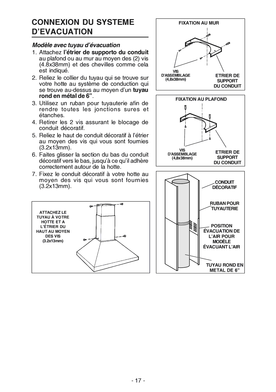 NuTone NP61000 manual Connexion DU Systeme D’EVACUATION, Modèle avec tuyau d’évacuation 