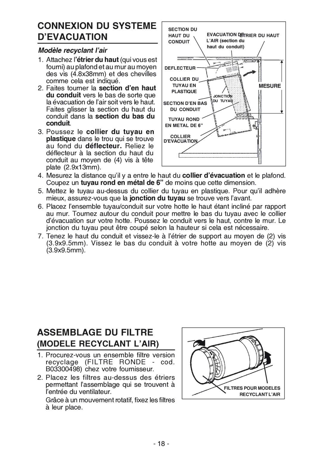 NuTone NP61000 manual Assemblage DU Filtre, Modèle recyclant l’air 