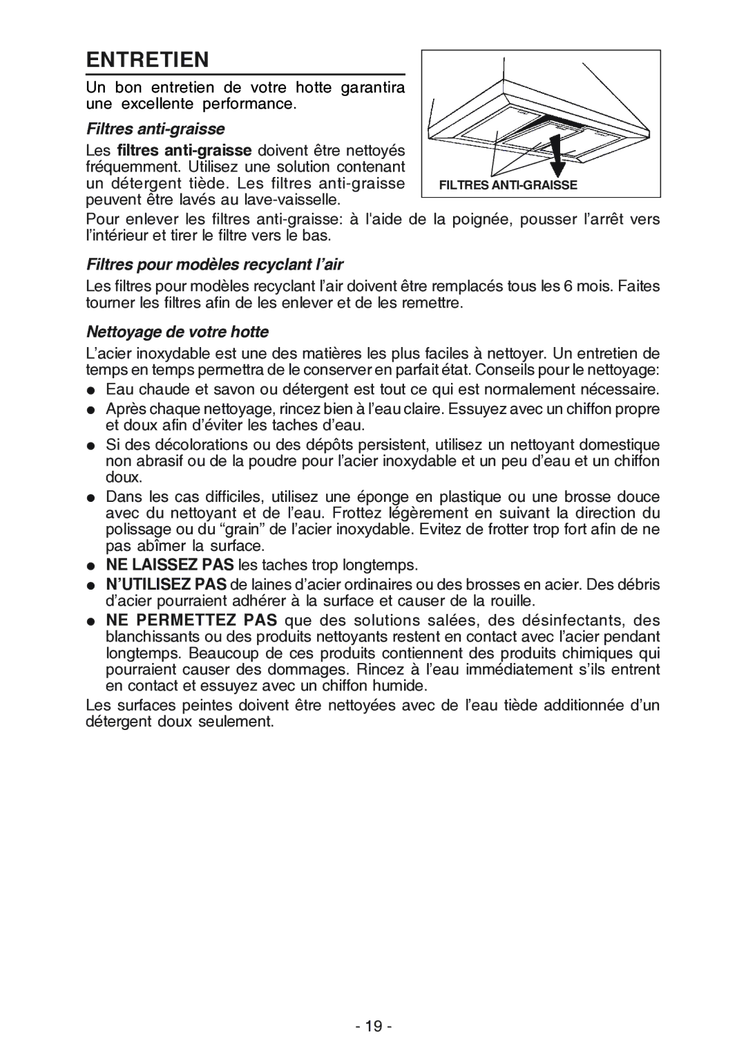 NuTone NP61000 manual Entretien, Filtres anti-graisse, Filtres pour modèles recyclant l’air, Nettoyage de votre hotte 