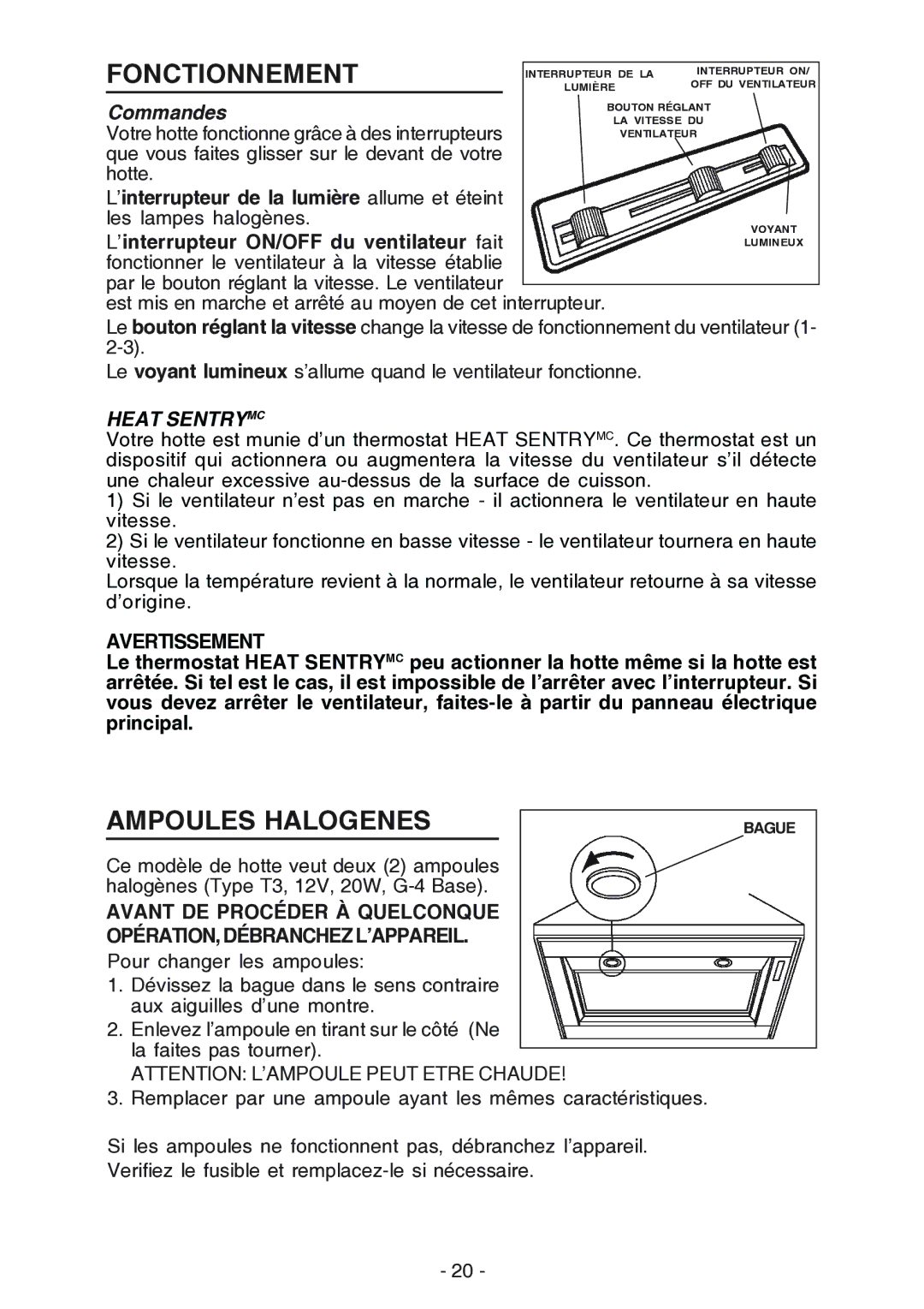 NuTone NP61000 manual Fonctionnement, Ampoules Halogenes, Commandes, Avertissement 