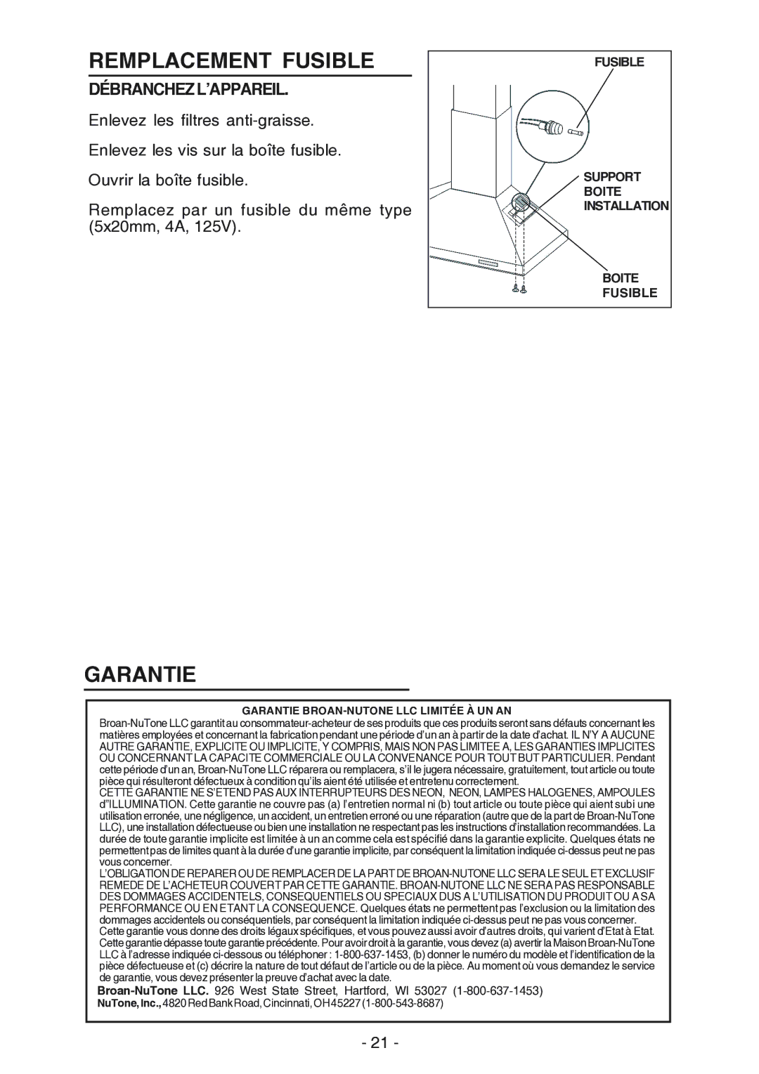 NuTone NP61000 manual Remplacement Fusible, Garantie, Débranchezl’Appareil 