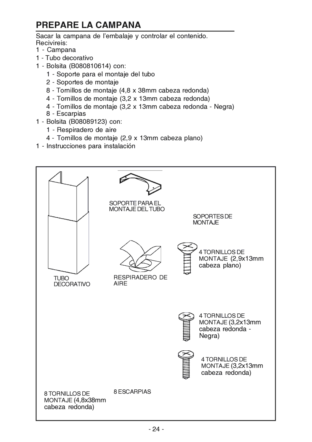 NuTone NP61000 manual Prepare LA Campana, Montaje 2,9x13mm cabeza plano 