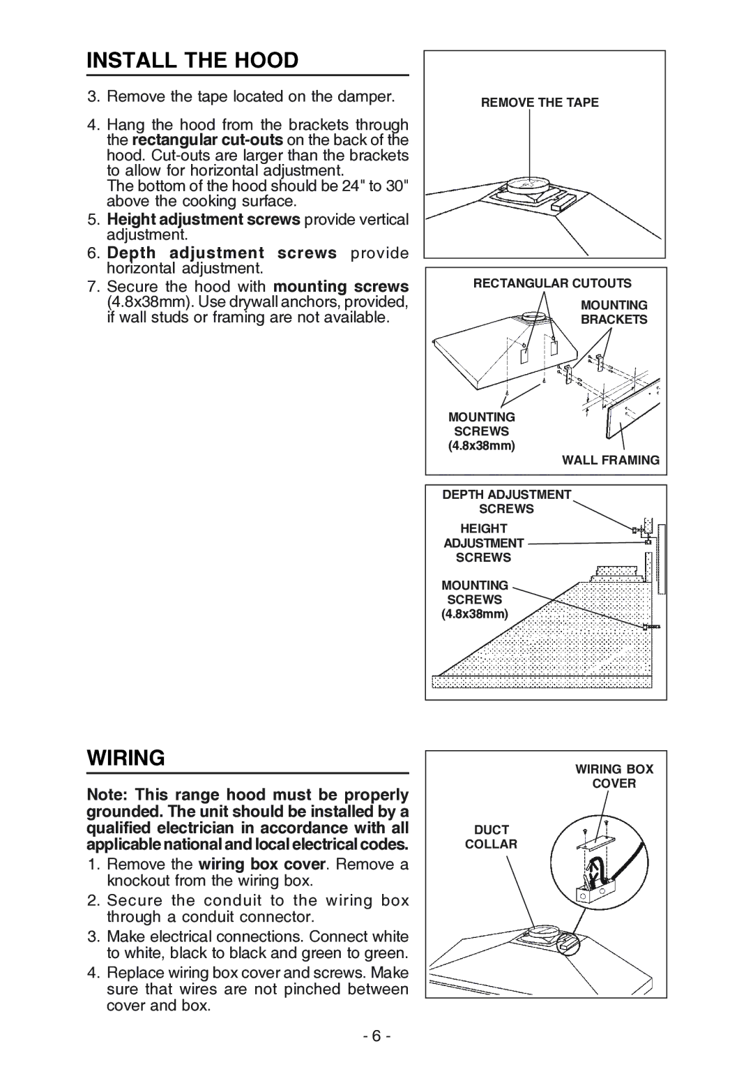 NuTone NP61000 manual Install the Hood, Wiring 