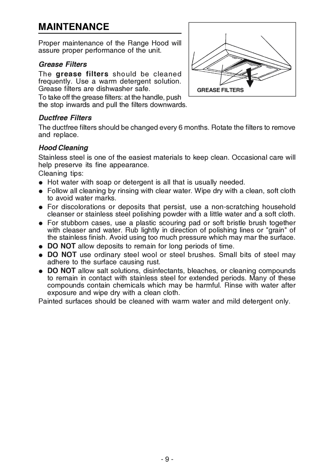 NuTone NP61000 manual Maintenance, Grease Filters, Ductfree Filters, Hood Cleaning 