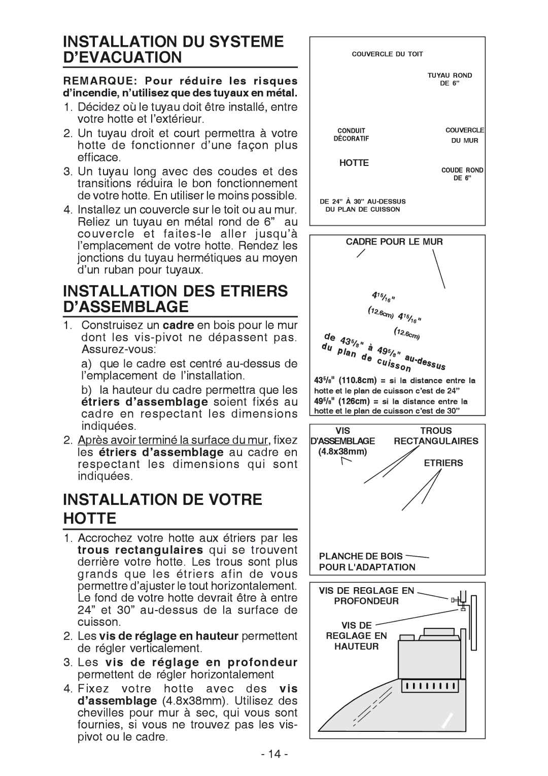 NuTone NP629004 Installation DU Systeme D’EVACUATION, Installation DES Etriers D’ASSEMBLAGE, Installation DE Votre Hotte 