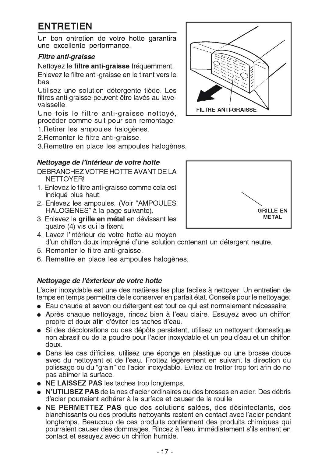 NuTone NP629004 manual Entretien, Filtre anti-graisse, Nettoyage de l’intérieur de votre hotte 