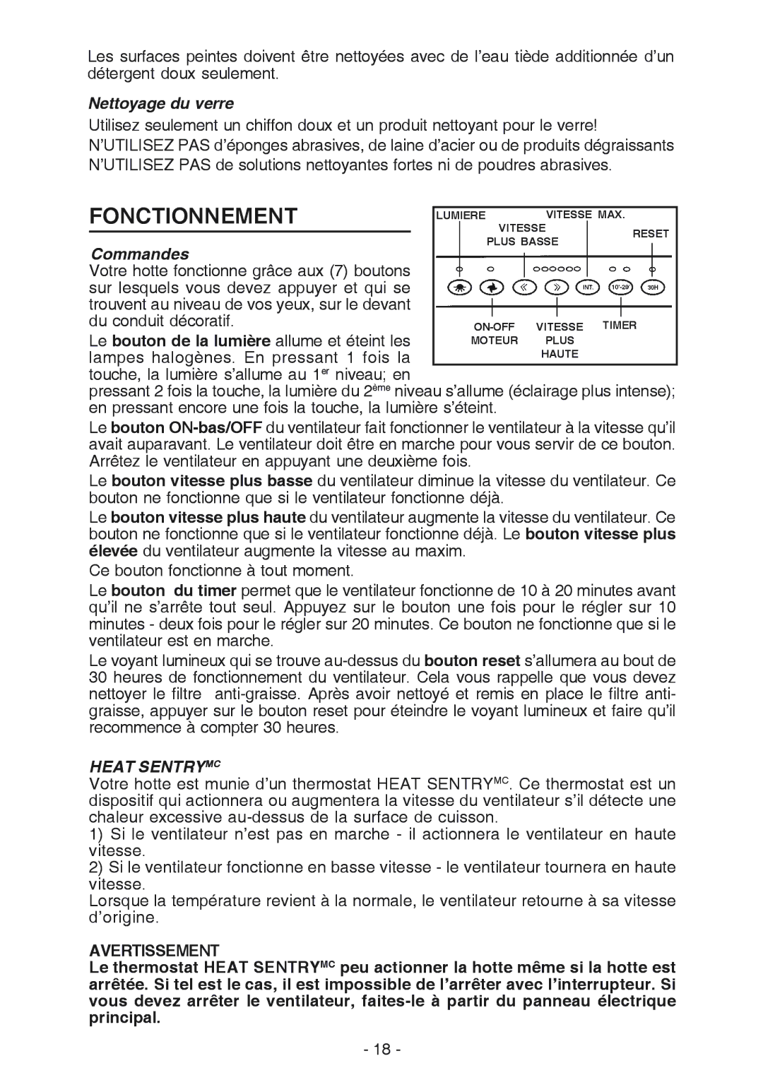 NuTone NP629004 manual Fonctionnement, Nettoyage du verre, Commandes, Avertissement 