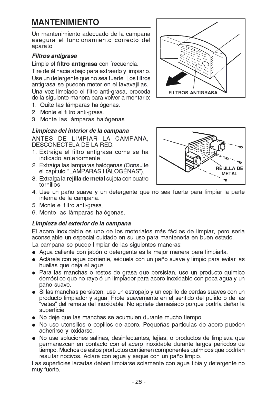 NuTone NP629004 Mantenimiento, Filtros antigrasa, Limpieza del interior de la campana, Limpieza del exterior de la campana 