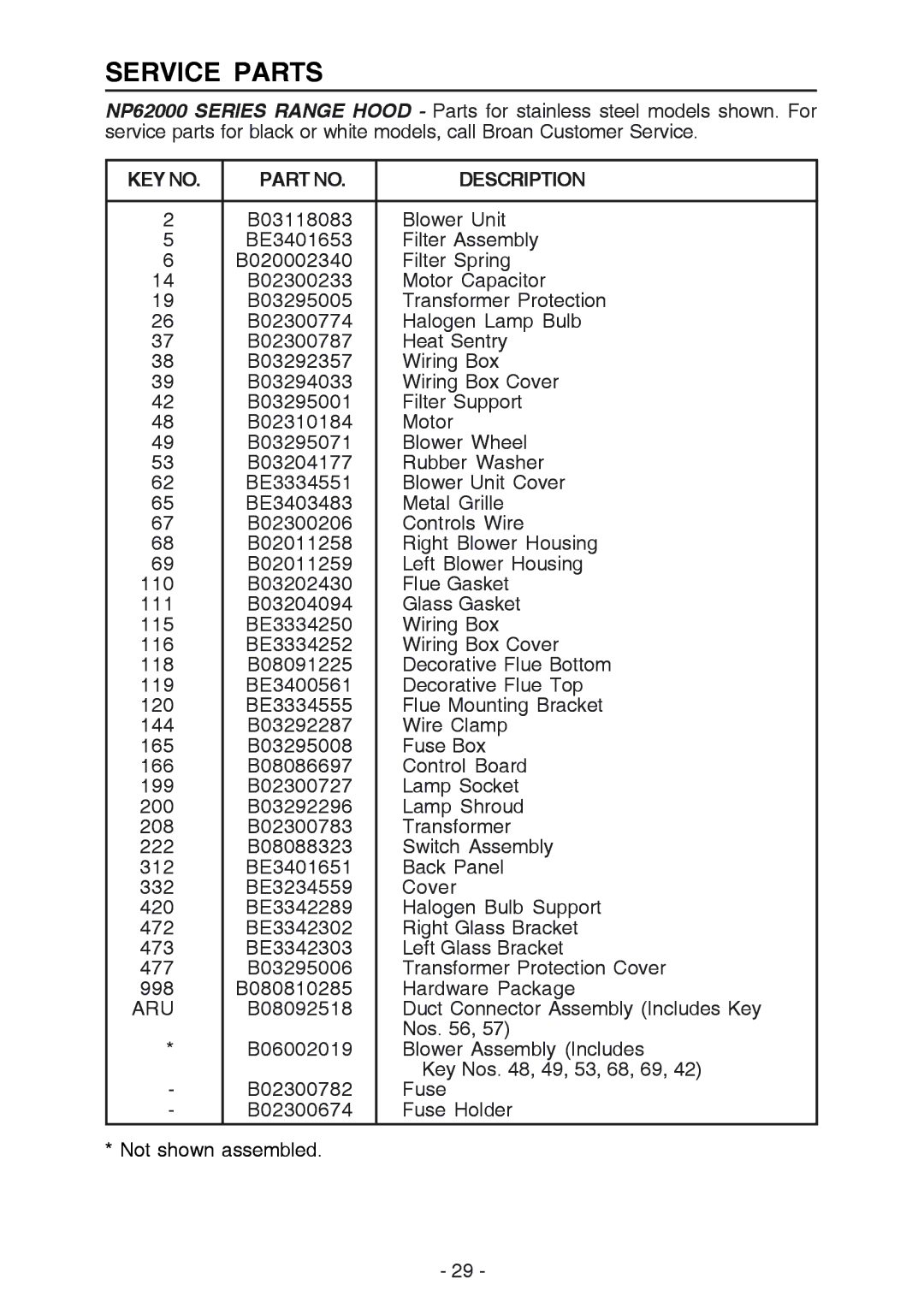 NuTone NP629004 manual Service Parts, Description 