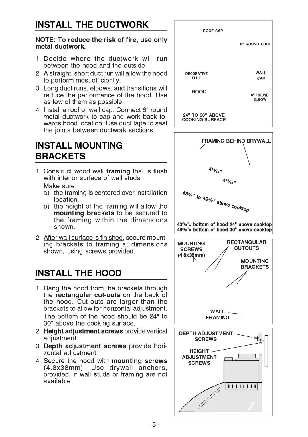 NuTone NP629004 manual Install the Ductwork, Install Mounting Brackets, Install the Hood 