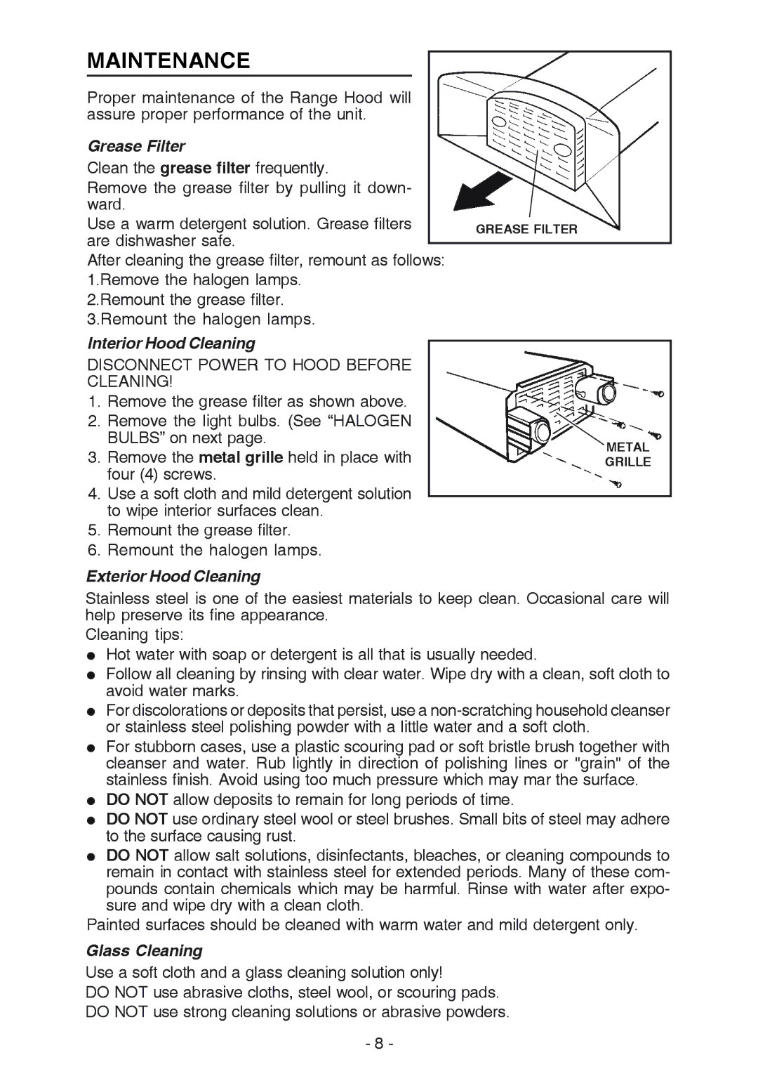 NuTone NP629004 manual Maintenance, Grease Filter, Interior Hood Cleaning, Exterior Hood Cleaning, Glass Cleaning 