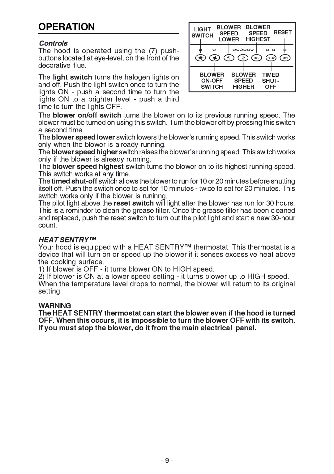 NuTone NP629004 manual Operation, Controls 