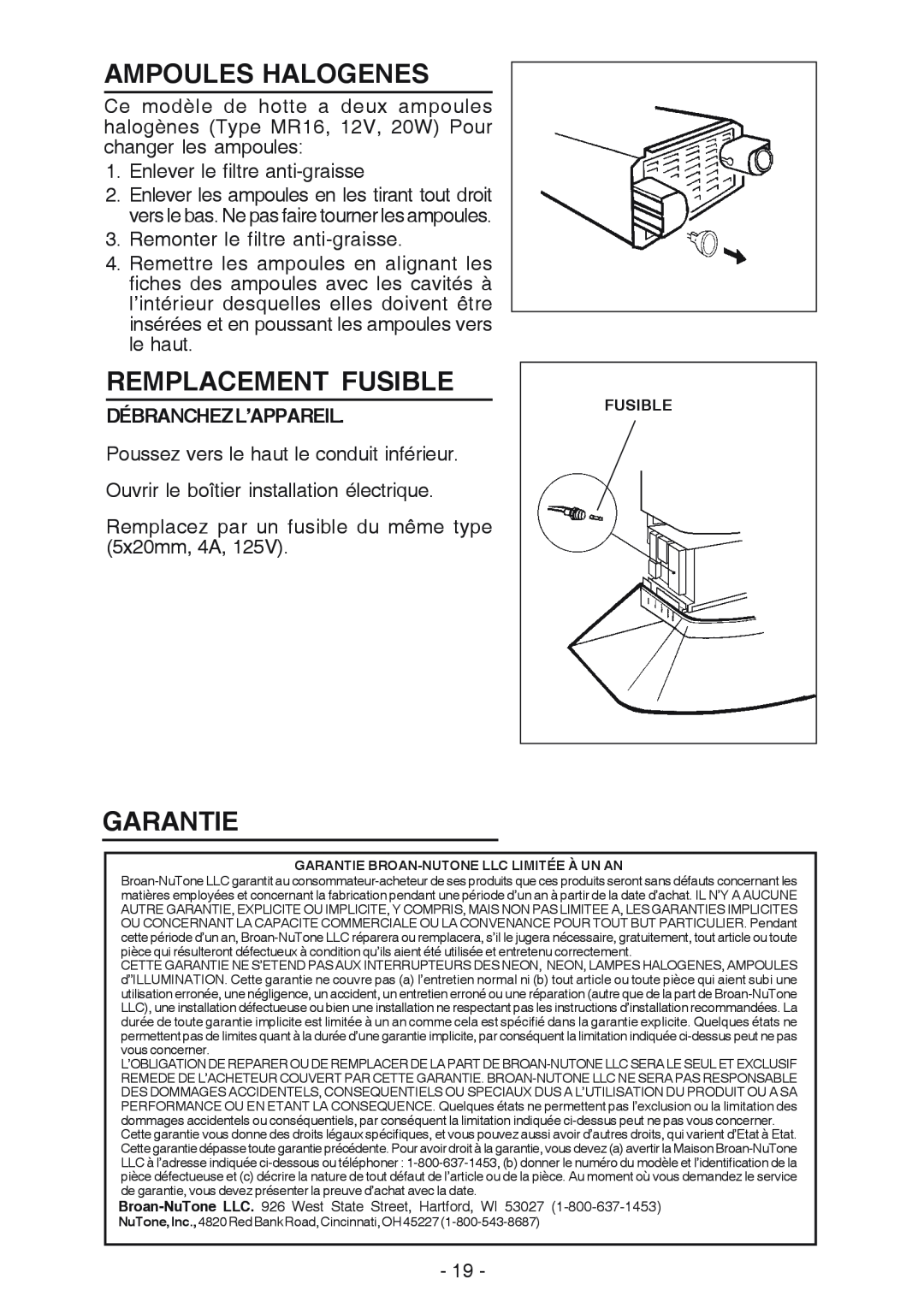 NuTone NP629004 manual Ampoules Halogenes, Remplacement Fusible, Garantie 