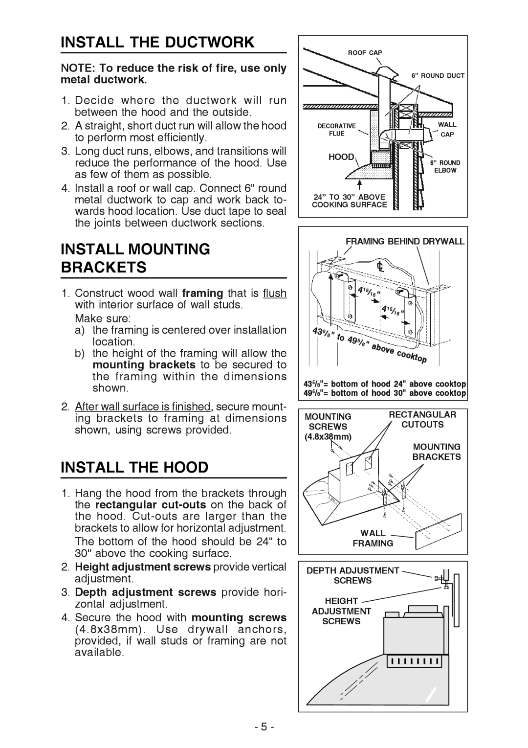 NuTone NP629004 manual Install The Ductwork, Install Mounting Brackets, Install The Hood 