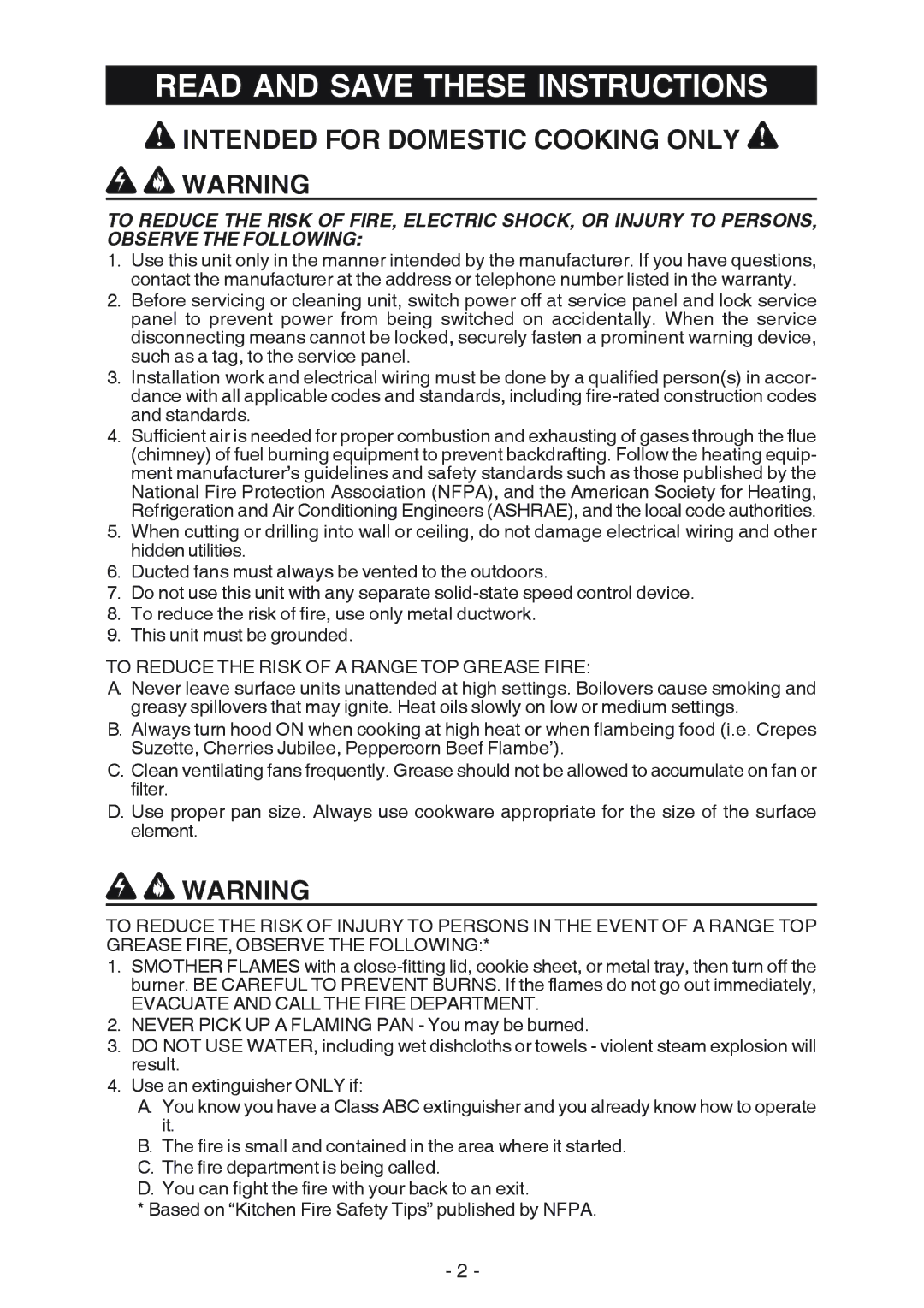 NuTone NP63000 manual Read and Save These Instructions, Intended for Domestic Cooking only ! Warning 