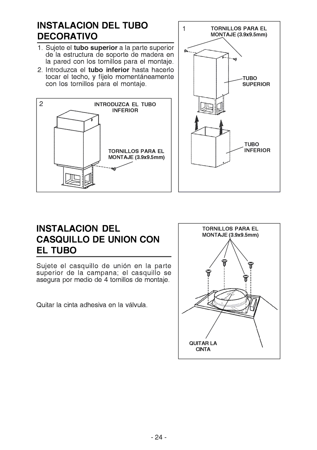 NuTone NP63000 manual Instalacion DEL Tubo Decorativo, Instalacion DEL Casquillo DE Union CON EL Tubo 