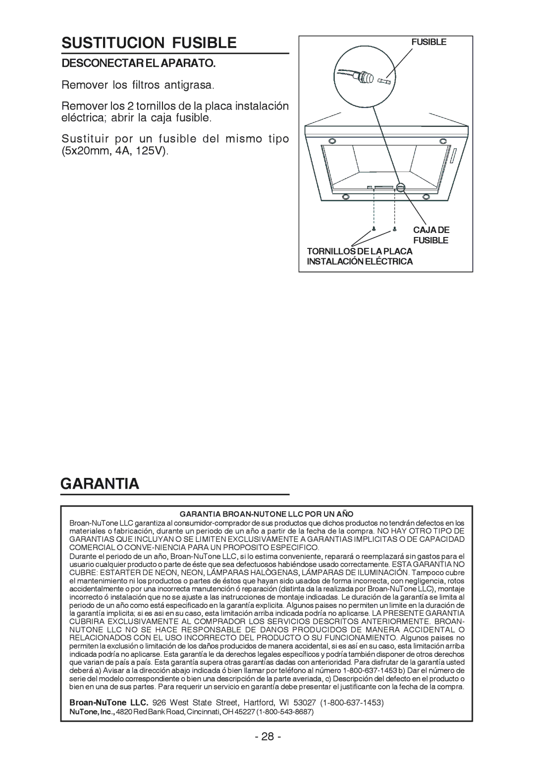 NuTone NP63000 manual Sustitucion Fusible, Desconectarelaparato, Garantia BROAN-NUTONE LLC POR UN AÑO 