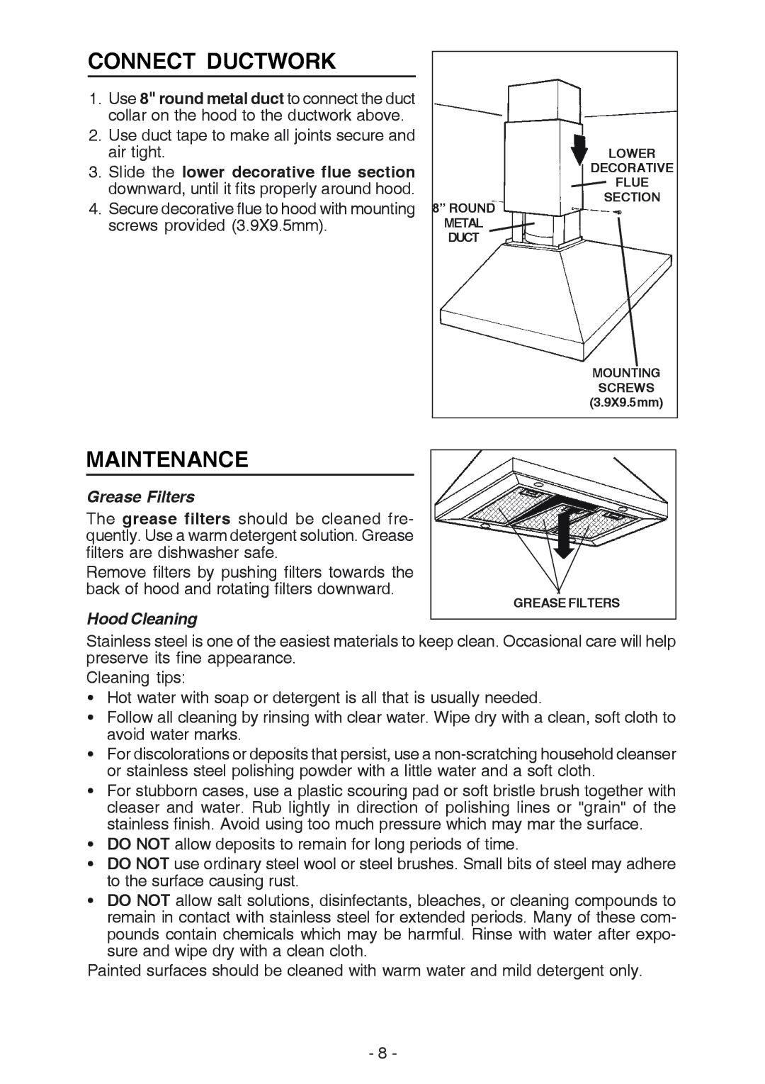 NuTone NP63000 manual Connect Ductwork, Maintenance, Grease Filters, Hood Cleaning 