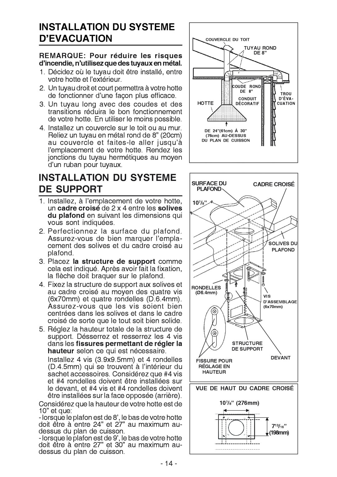 NuTone NP63000 manual Installation Du Systeme D’Evacuation, Installation Du Systeme De Support 