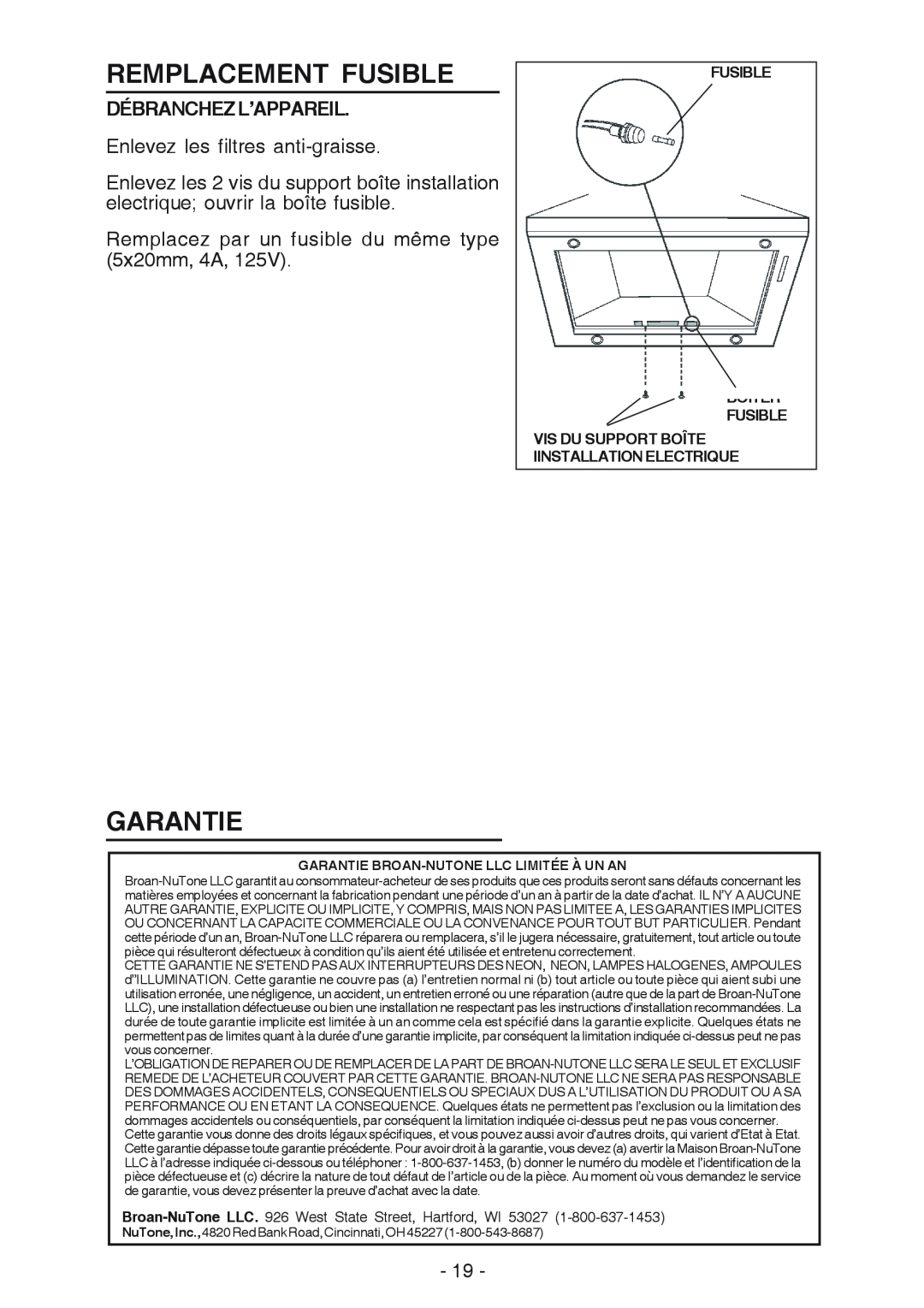 NuTone NP63000 manual Remplacement Fusible, Garantie, Débranchezl’Appareil, Fusible Boîter Fusible 