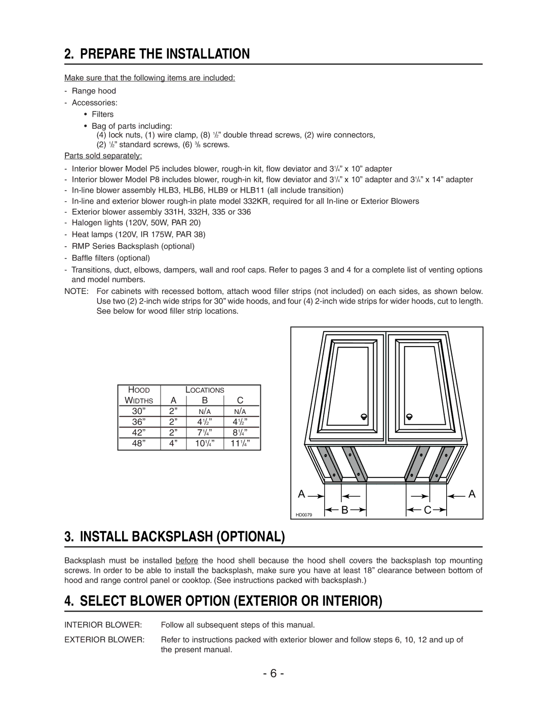 NuTone NP64000 manual Prepare the Installation, Install Backsplash Optional, Select Blower Option Exterior or Interior 