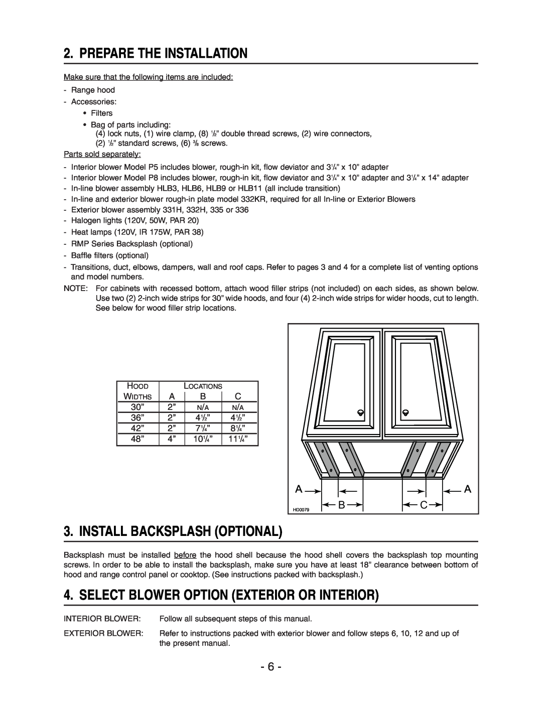 NuTone NP64000 manual Prepare The Installation, Install Backsplash Optional, Select Blower Option Exterior Or Interior 