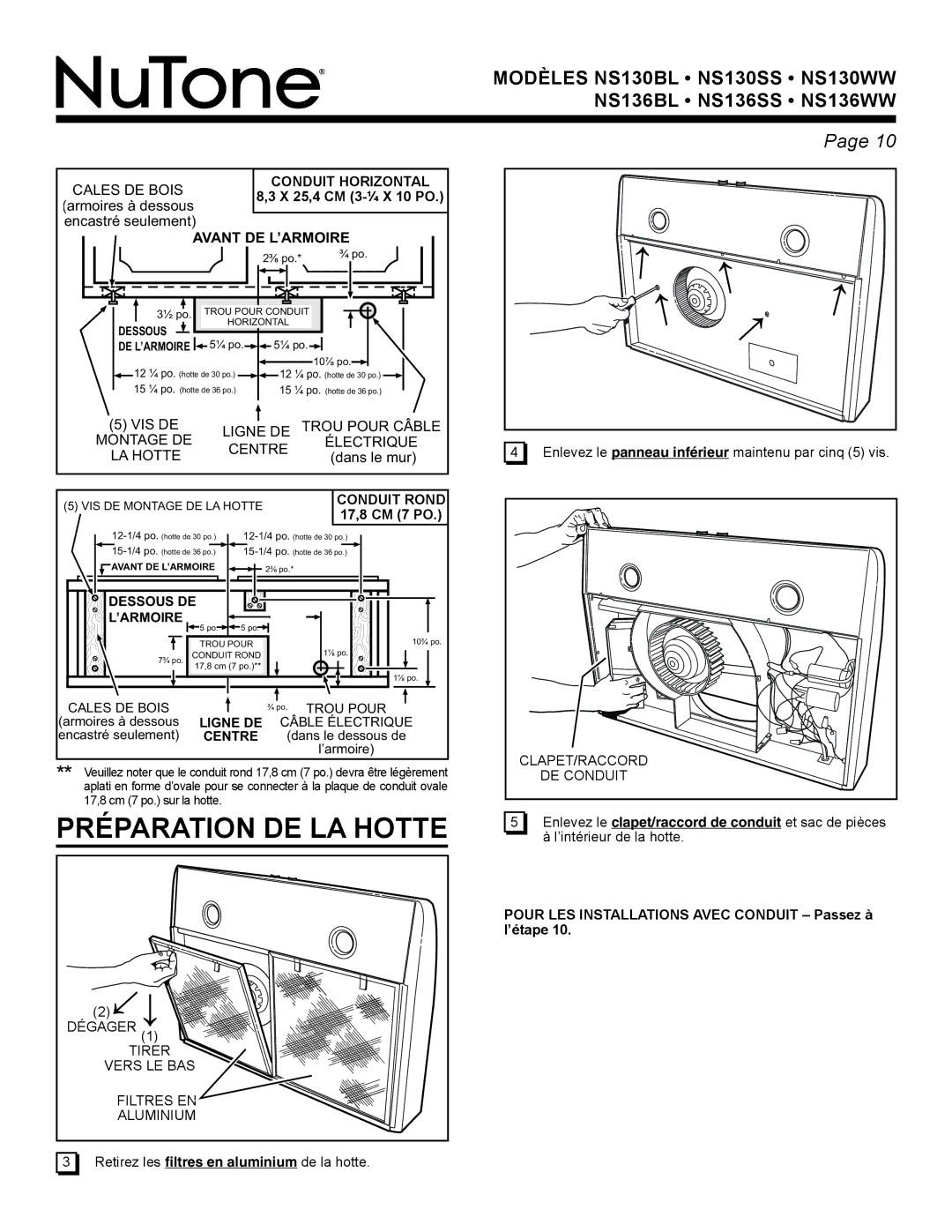 NuTone NS Series manual Préparation DE LA Hotte, Cales DE Bois Conduit Horizontal, Avant DE L’ARMOIRE, Conduit Rond 