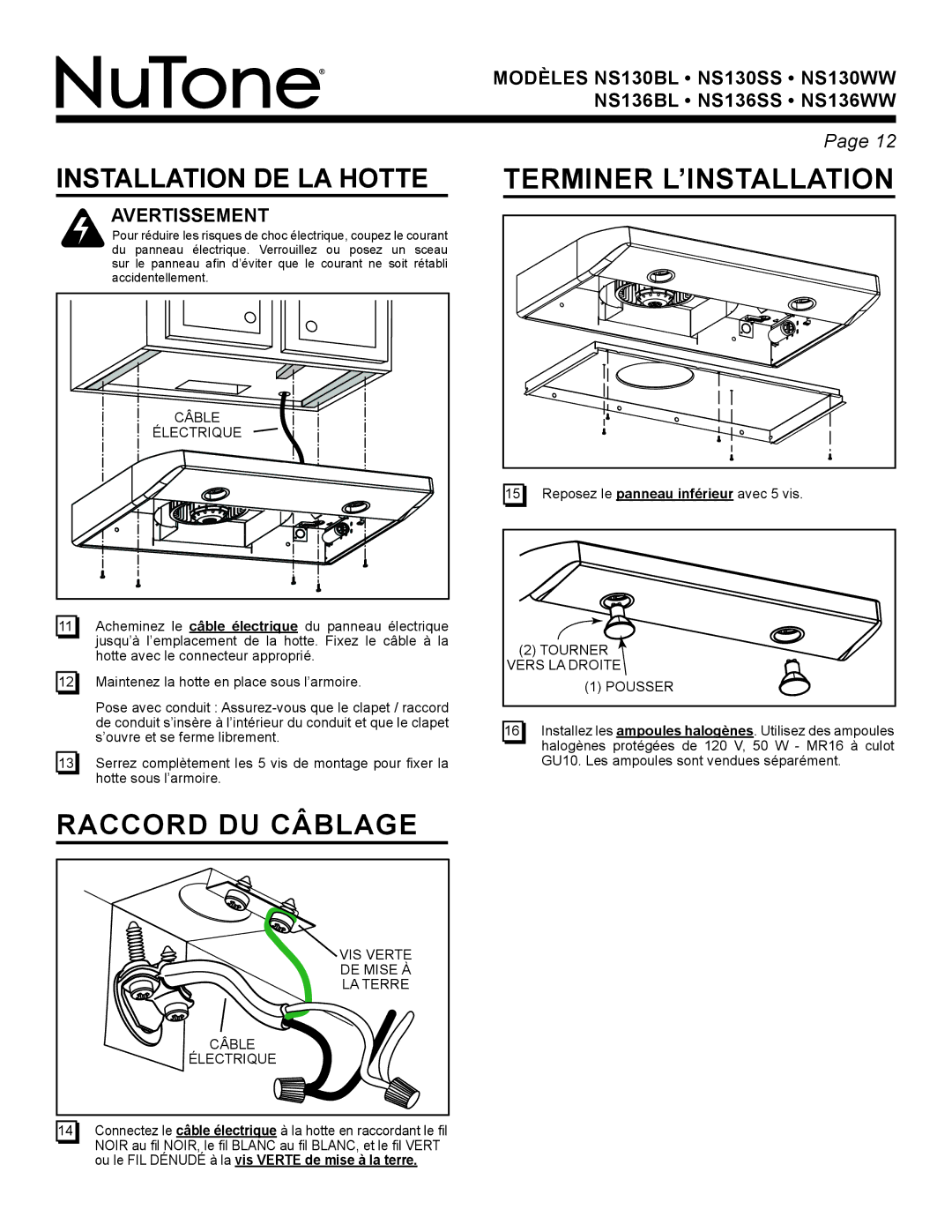 NuTone NS Series manual Raccord DU Câblage, Terminer L’INSTALLATION, Installation DE LA Hotte 