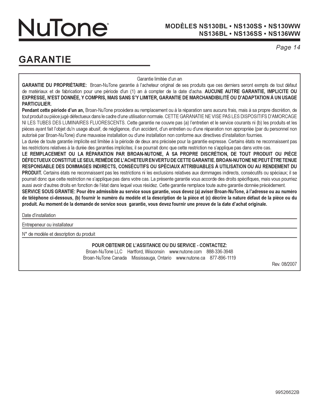 NuTone NS Series manual Garantie 