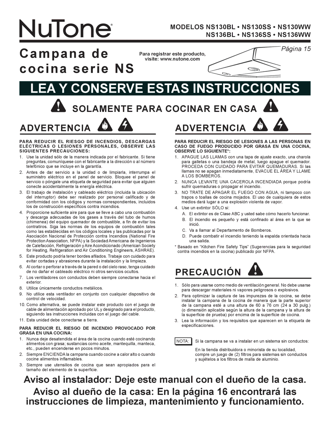 NuTone NS Series manual Solamente Para Cocinar EN Casa Advertencia Advertencia, Precaución, Para registrar este producto 