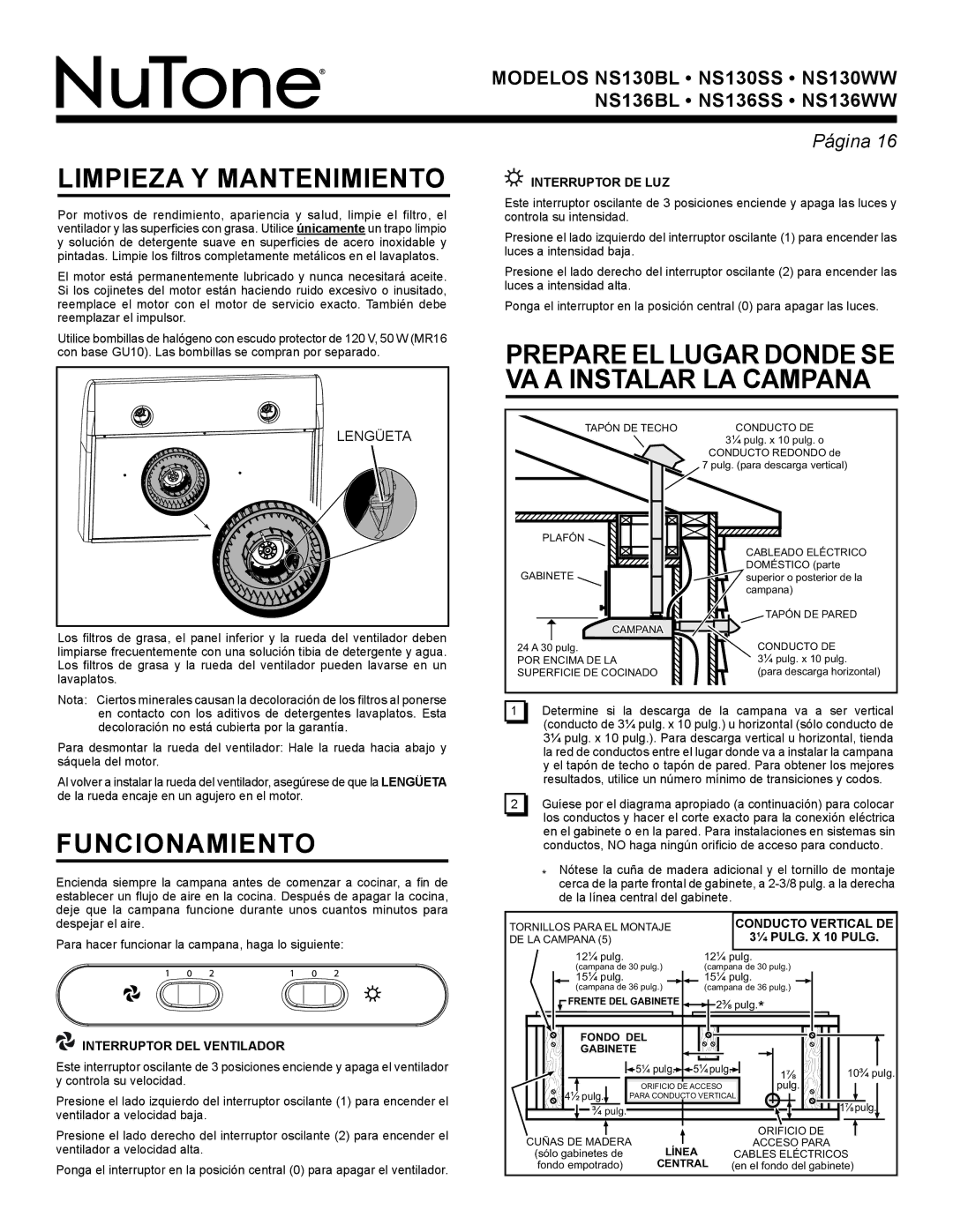 NuTone NS Series manual Limpieza Y Mantenimiento, Funcionamiento 