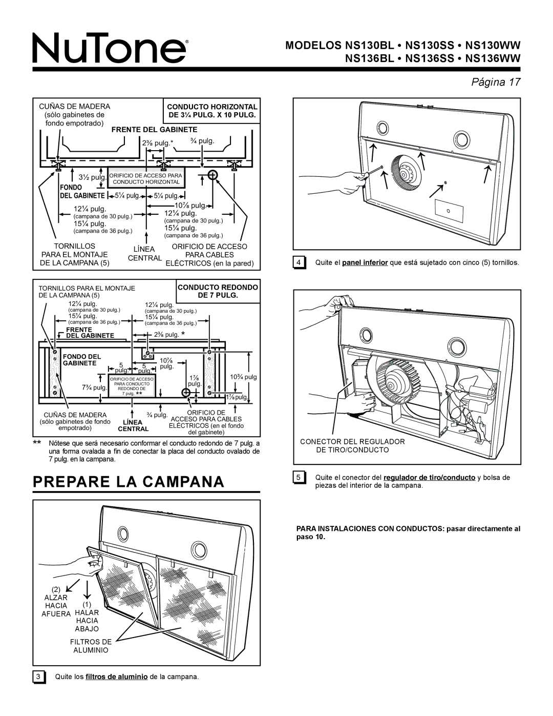 NuTone NS Series manual Prepare LA Campana, DEL Gabinete 