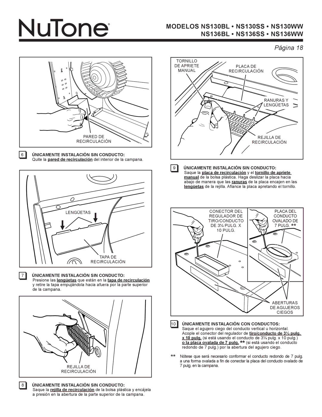 NuTone NS Series manual Modelos Ns130Bl Ns130ss Ns130WW 