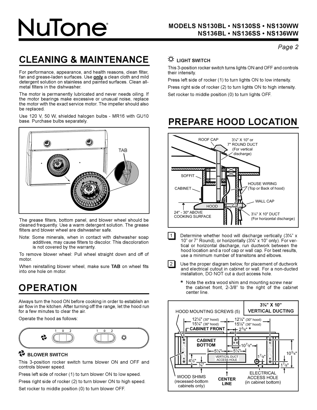 NuTone NS Series manual Cleaning & Maintenance, Prepare hood location, Operation, Vertical Ducting 