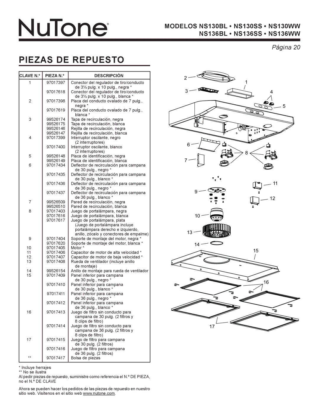 NuTone NS Series manual Piezas DE Repuesto, Clave N.º Pieza N.º DescriPCIÓN 