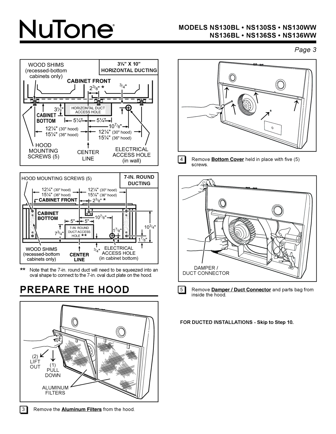 NuTone NS Series manual Prepare the Hood, HorizontAL Ducting, In. round, For Ducted Installations Skip to Step 