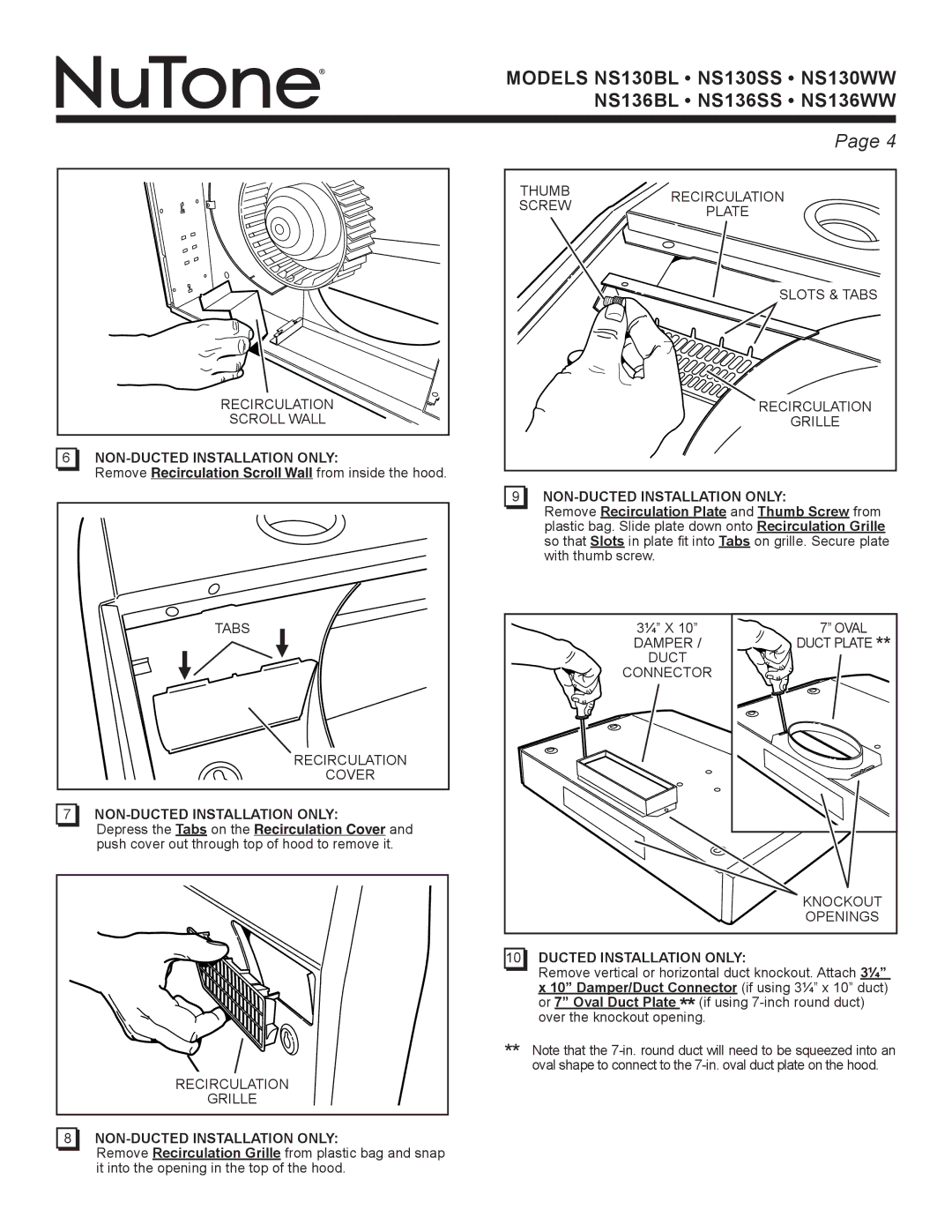 NuTone NS Series manual Non-Ducted Installation Only 