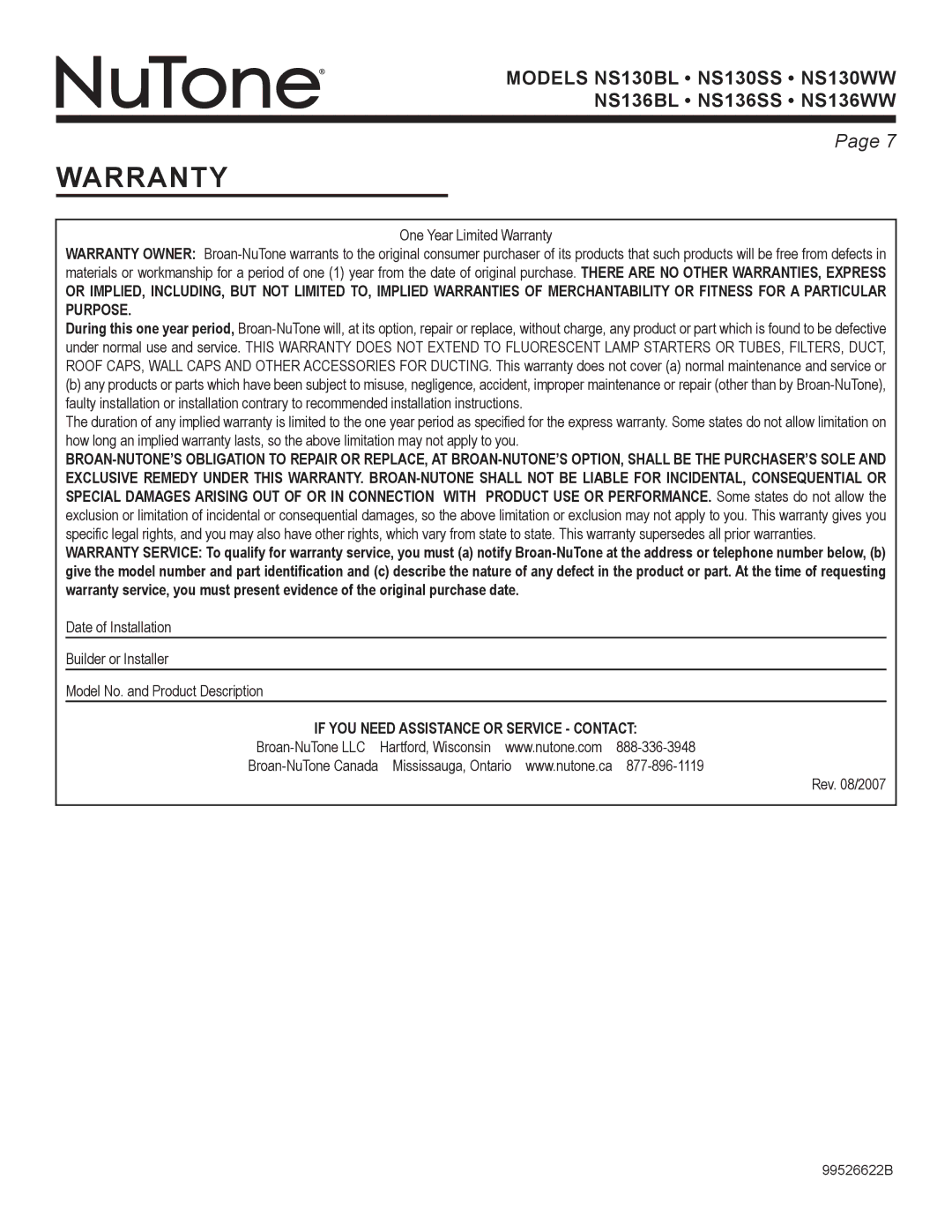 NuTone NS Series manual Warranty 